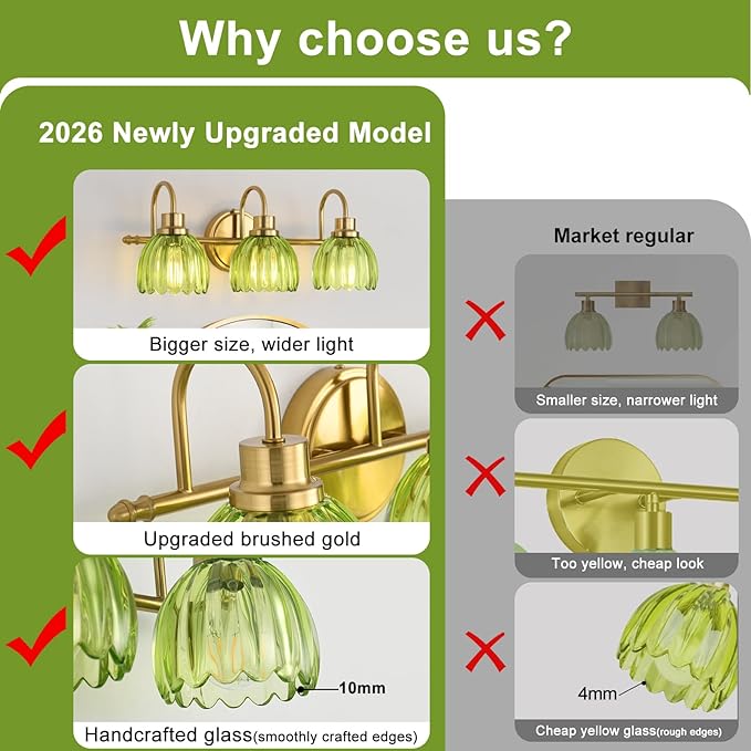 Bathroom Light Fixtures (3-Light, 20 Inch), Brushed Gold Vanity Lights for Bathroom with Ribbed Green Tulip Glass Shade, Vintage Vanity Wall Lights for Mirror Bedroom Living Room Hallway