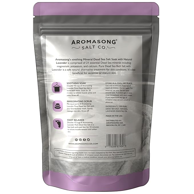 Aromasong Pure Raw Dead Sea Salt for Soaking with 100% Natural Lavender, 5 LB - Spa Bath Salt Fine Grain - Body Wash Scrub - Soak for Women & Men- Bulk Resealable Pack