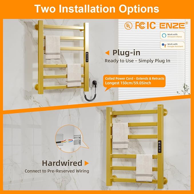 ENZE Smart Heated Towel Rack, 6-Bar Wall-Mounted Electric Towel Warmer 150W, Wi-Fi App Control & LED Touch Screen, Adjustable Temperature & 24H Timer, IPX5, Plug-in/Hardwired, Gold, Low Carbon Steel