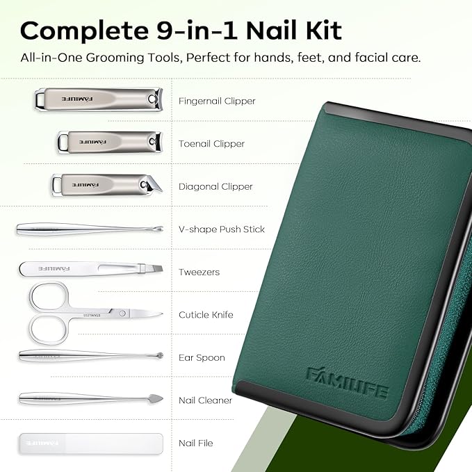 FAMILIFE Manicure Kit for Women, 9 Pcs Carbon Steel Nail Grooming Kit with Compact Case, Stylish Green Travel Manicure Set for Home, On-the-Go Care, Daily Use Nail Clipper Set (Green)