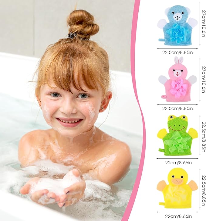 Dimeho Kids Bath Gloves, 4/2pcs Shower Gloves Loofah for Kids Exfoliating BathGlove Body Scrub Glove Exfoliating Scrubber BallEasy to Lather Lovely Animal Colorful Design (3)