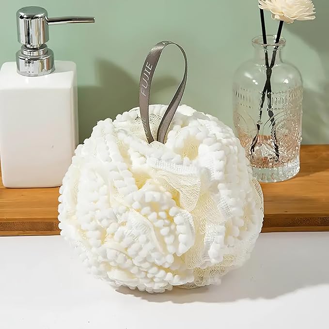 Large Luxurious Bath Ball Loofah Sponge Pouf Puff Mesh for Shower - Soft, Quick-Dry Exfoliating Foaming Deep Cleansing Body Scrubber - White