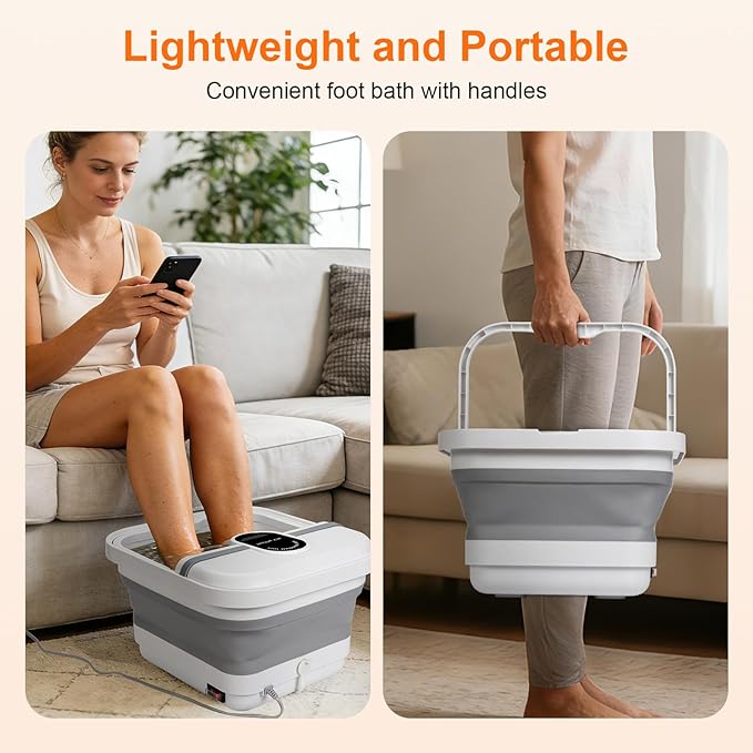 Collapsible Foot Spa Bath Massager with Heat, Bubble, Foot Soaking Tub with Handles, Foot Pedicure Kit, Temperature Control, Massage Rollers, Collapsible Bucket for Cleaning