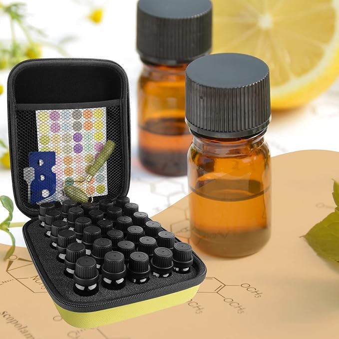 LUEXBOX Essential Oil Storage Case/Essential Oil Carrying Case/Essential Oil Case [Multiple Sizes] + Jade Roller for Face & Oil Opener & Stickers & Funnel & Transfer Pipette (yellow)