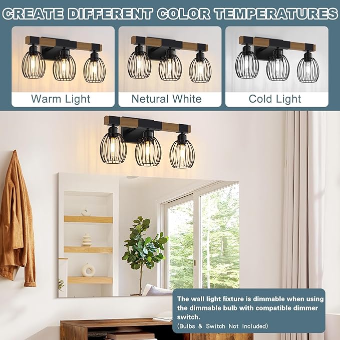 3-Light Farmhouse Bathroom Vanity Light Fixtures, Rustic Wood Bathroom Light Fixtures Over Mirror with Elegant Teardrop Cage, Vintage Black Wall Sconce Lighting for Bedroom Powder Room Kitchen