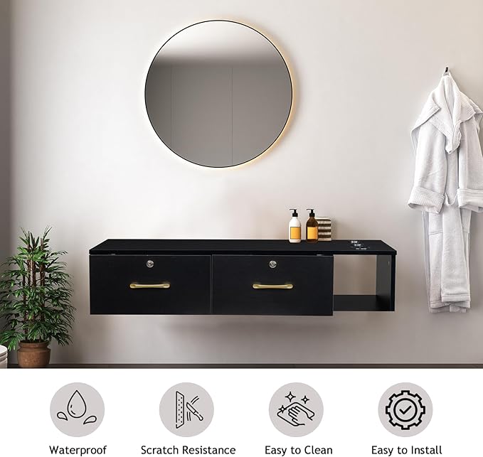Wall Mount Styling Station for Hair Stylist,Wooden Hair Salon Station Storage Cabinet,Beauty Salon Storage Equipment,Beauty Spa Tool Organizer,with Drawers,for Barber Shop, Home, Bathroom (Black)