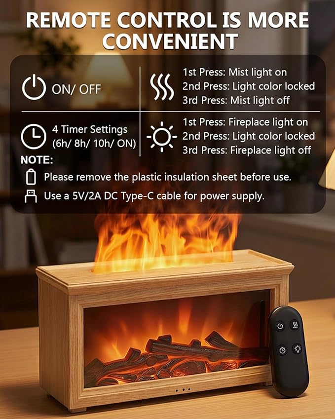 Essential Oil Diffuser, 7-Color Fireplace Fire Flame Aromatherapy Humidifier, 280ml Ultrasonic Aroma Diffuser Cozy Gift with Time Sets and Remote Control for Bedroom Home Yoga Office