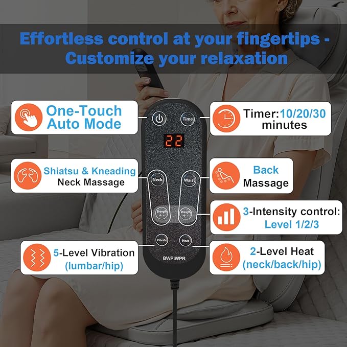 Shiatsu Neck and Back Massage Cushion with Heat - 4D Kneading and Vibration for Muscle Relief, Dual-Neck Design, Adjustable Intensity and Height for Office Chair and Home Use, Grey