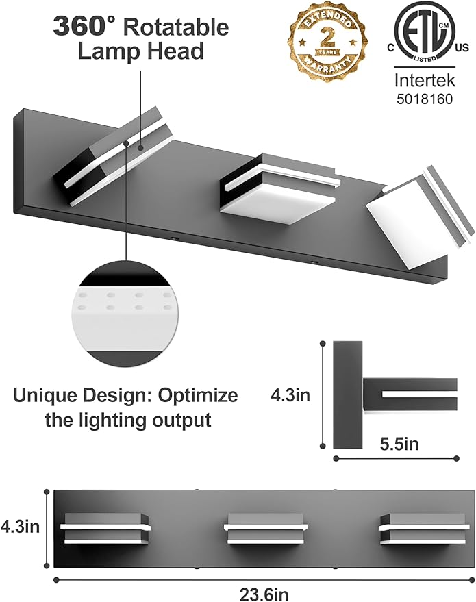 VOLISUN Modern Black Bathroom Vanity Light Fixtures (3-Light, 24-Inch), 5CCT Dimmable Bathroom Lighting Fixtures Over Mirror