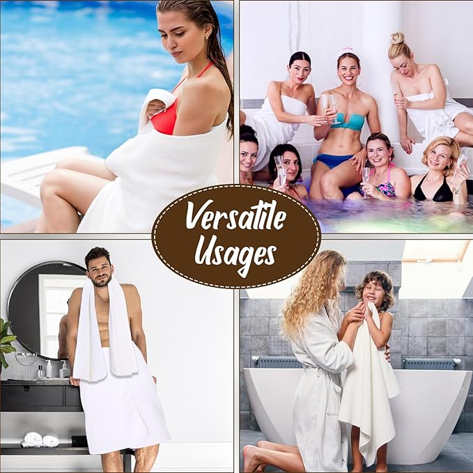 SmoothNovelty 12 Pack Microfiber Bath Towels Bulk 27'' x 60'' Oversized Beach Towel Highly Absorbent Extra Large Soft Drying for Shower Pool Salon Sauna Bathroom Gym Party (Square,White)