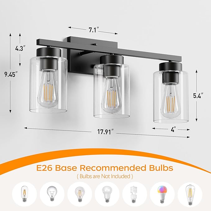PARTPHONER 3-Light Bathroom Light Fixtures, Matte Black Vanity Light with Clear Glass Shade, Modern Wall Sconce for Mirror Bedroom Living Room Hallway Lighting