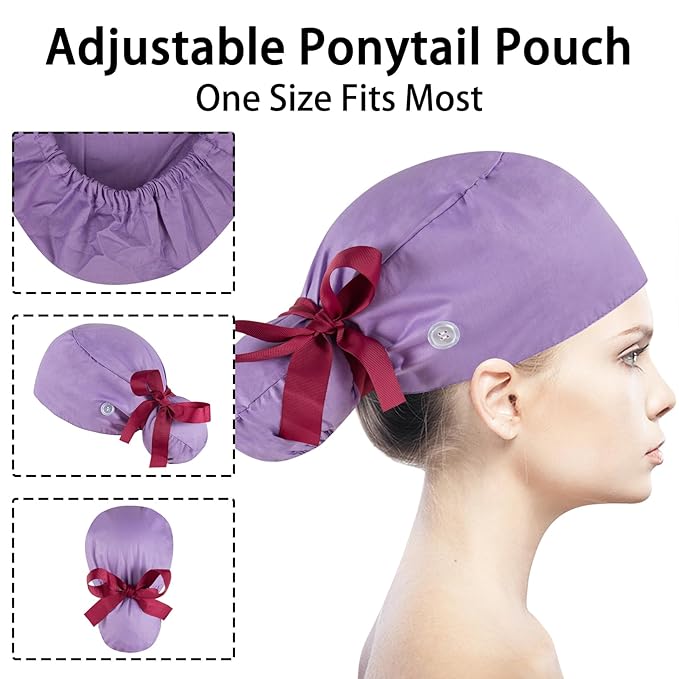 Scrub Caps Women Bouffant Scrub Hats Caps Nurses, Adjustable Working Cap Ponytail Pouch Tie Back Hats