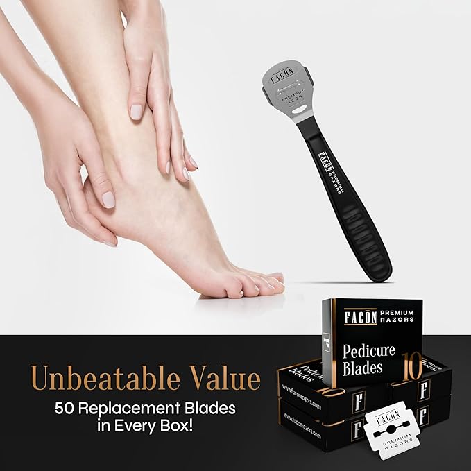 Facón Professional Callus Shaver Remover with 50 Blades, Pedicure Razor for Feet & Hands, Foot Razor for Callus Removal, Callus Blade Remover, Corn Shaver, Surgical Grade Premium Stainless Steel Tool