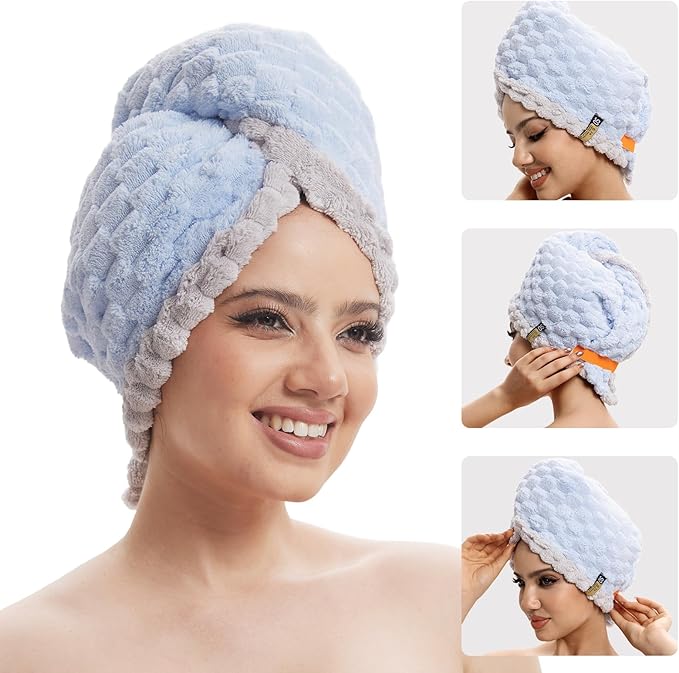 Hair Drying Towels, 19.7x31.5 inch Hair Towels with Elastic Strap, Extra Large Hair Towel Wrap for Women, Super Soft Hair Drying Towels for Long, Thick, Curly Hair, Anti-Frizz Turbans, Blue Color.