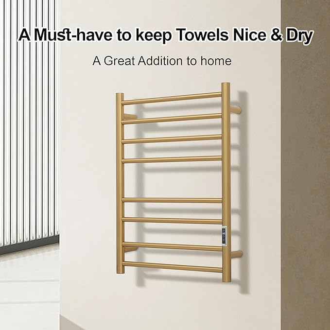 Electric Heated Towel Warmer - Wall Mounted Bathroom Towel Rack, Plug-in Design & Gold Brushed Stainless Steel Finish 8 Bar Gold with Timer & Temperature Control