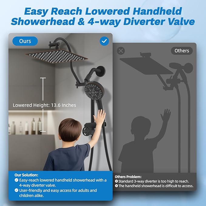 Hibbent cUPC Certified All Metal 10"Rainfall Showerhead Combo, High Pressure Shower Head with 10-Spray Mode Handheld, Innovative 4-way Diverter with Pause Mode, 71'' Hose and Holder, Oil Rubbed Bronze