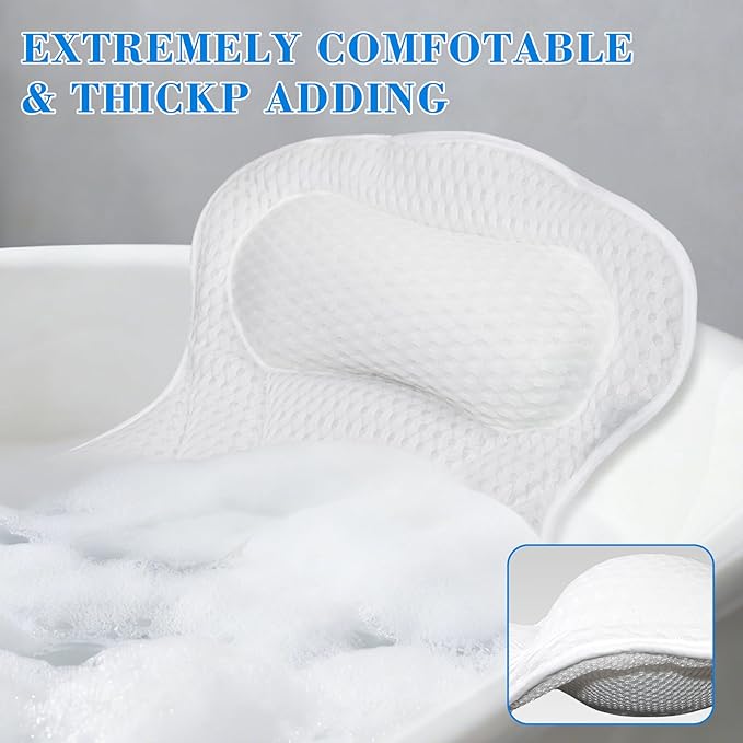 Bath Pillow Bathtub Pillow, Extra Soft & Comfortable Bath Pillows for Tub Head Neck and Back Support, with 4D Air Mesh Cushions & Non-Slip Suction Cups,Fits All Bathtub