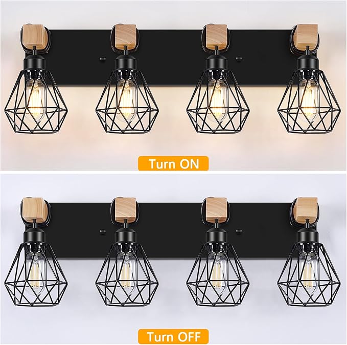 FadimiKoo 4-Light Farmhouse Bathroom Light Fixtures Over Mirror, Rustic Wood Vanity Light with Black Metal Cage Lampshade, Rustic Sconces Wall Lighting for Living Room, Bedroom, Hallway
