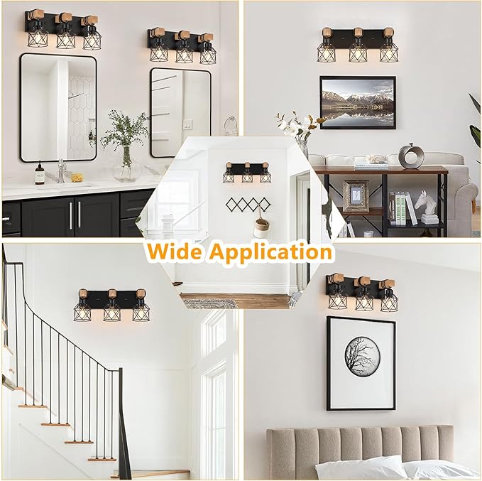 FadimiKoo 3-Light Farmhouse Vanity Light for Bathroom, Wood Bathroom Light Fixtures Over Mirror, Industrial Black Vanity Light with Metal Lampshade for Bedroom Hallway Living Room