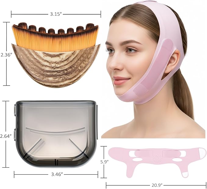 Lymphatic Contour Face Brush & Chin Lifting Mask, 2Pcs: Manual Lymphatic Drainage Massager Dry Brush & Pink V Line Lifting Mask, Face, Chin Strap for Sleeping, Jawline Sculpting Set, Gift for Women