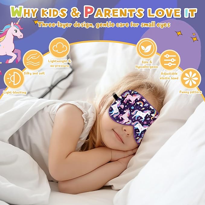 Silk Kids Sleep Mask: 100% Mulberry Silk Eye Mask, Sleeping Masks with Adjustable Strap, Soft & Light-Blocking Printed Kid Eye Cover for Boys Girls Teens Aged 5-15 (Horse Theme)