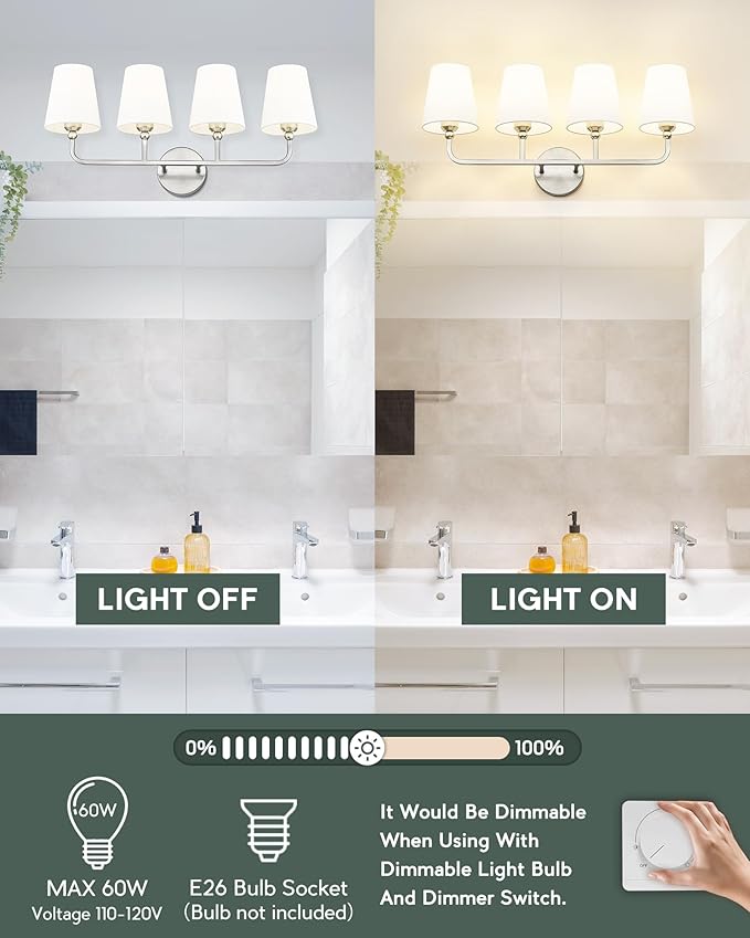 Bathroom Light Fixtures, 4 Light Vanity Lights with Flared White Fabric Shade, 28 Inch Brushed Nickel Wall Sconce, Modern Sconces Wall Lighting for Hallway Bedroom, VL837-BN-4