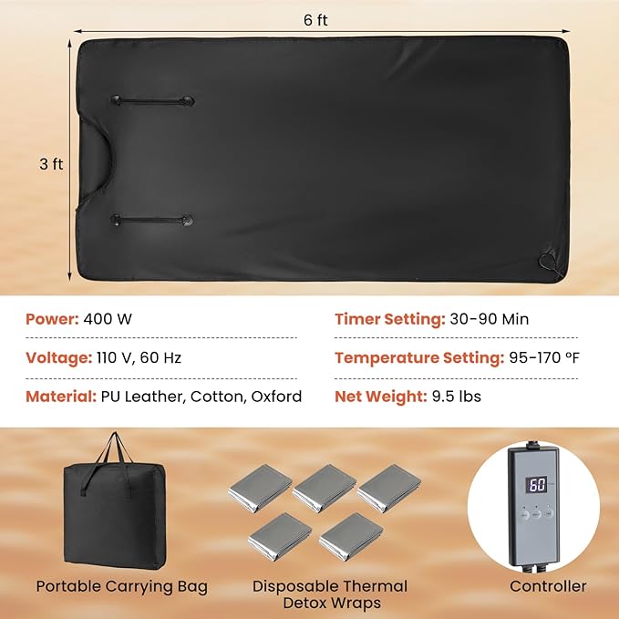 COSTWAY Infrared Sauna Blanket, Portable Full-Body Personal Sauna for Home Use w/Armholes, Wraps, Sauna Bag, 95-170 °F Temp Range, 30-90 Min Timer, Relaxation & Detoxification, Muscle Tension Release