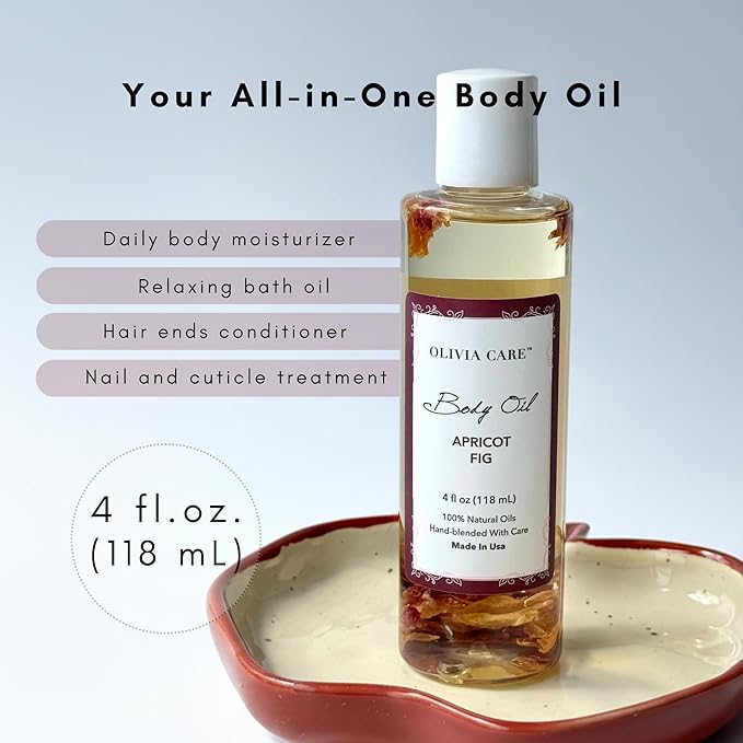 Olivia Care Body Oil Apricot Fig Vegan & Natural Moisturizing - Infused with VITAMIN E, K & Omega Fatty Acids - Refreshing Fragrance - Reduce Dry Skin, Anti-Aging Properties (Apricot Fig)
