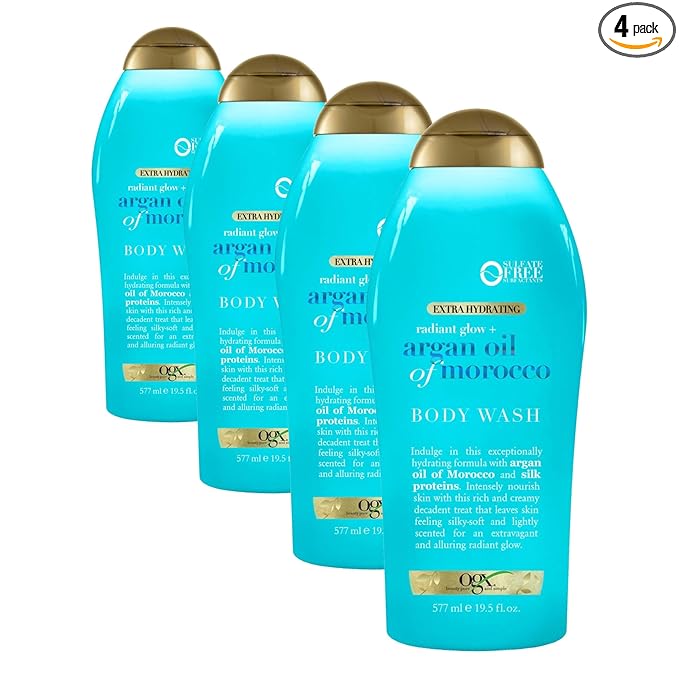 OGX Radiant Glow + Argan Oil of Morocco Extra Hydrating Body Wash for Dry Skin, Moisturizing Gel Cleanser - Silky Soft Skin, Body Wash for Women, Sulfate-Free Surfactants, 19.5 fl oz (Pack of 4)