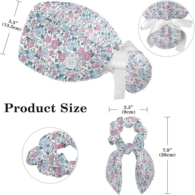 Scrub Caps Women Nursing Hats Floral Flowers with Buttons Ponytail Working Adjustable Pouch Tie Back