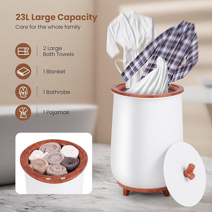 Tangkula Towel Warmer Bucket, 23L Large Luxury Bucket-Style Towel Warmer w/Fragrant Disc Holder, ETL Certified Bath Heater w/3-Level Heating, 20/40/60/90 Min Timer & Auto Shut Off