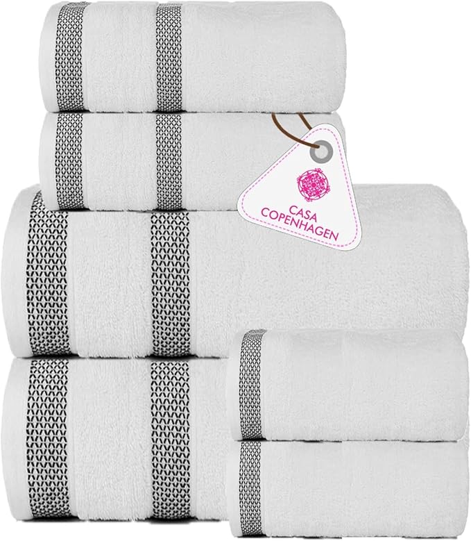 CASA COPENHAGEN Solitaire 6Pcs 100% Egyptian Cotton Large Designer Towels Gift Set- Snow White, 600GSM, 2Bath 2Hand 2Washcloths, Bath Towels for Bathroom Set for Women & Men