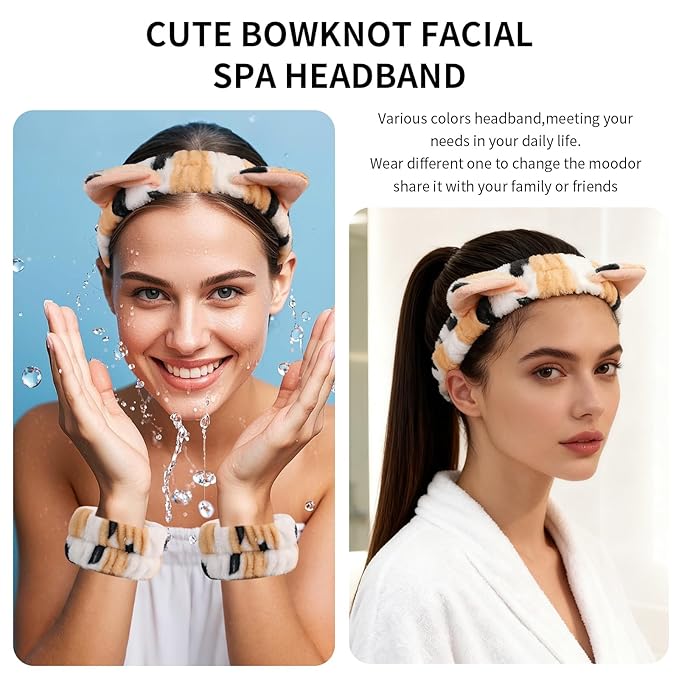 PERFECTSIGHT 2 Pack Cute Animal Headbands for Makeup Wash Shower Adjustable Elastic Hair Band for Girls and Women (Leopard Cat Ear)