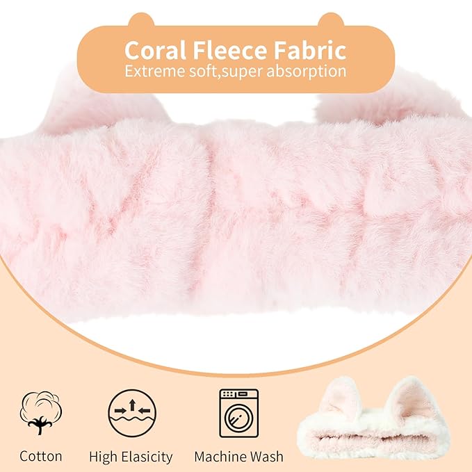PERFECTSIGHT Kawaii Headband for Spa, Makeup, Washing Face, Party - 2 Pack Cute Hair Band for Shower Beauty Skincare, Soft Facial Headbands for Girls and Women, Cat Ear
