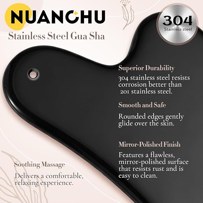 Nuanchu Stainless Steel Gua Sha Facial Tool, Metal Gua Sha for Lymphatic Drainage, Guasha Face Sculpting Double Chin Reduce with Pouch Mother Day Self Care Gift(Black)