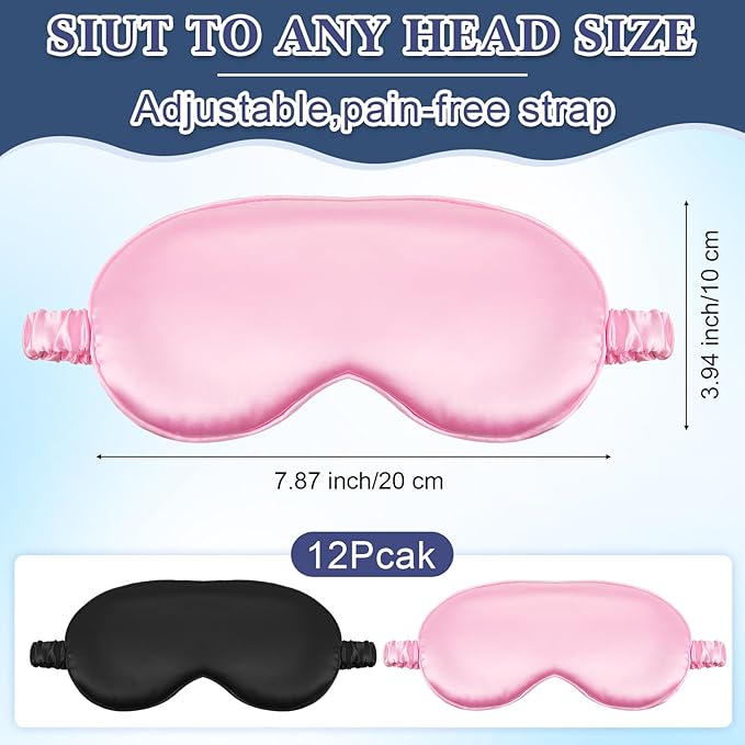 Cutecrop 12 Pcs Silk Sleep Masks Soft Satin Eye Masks with Adjustable Elastic Strap for Sleeping Comfortable Blindfold Eyeshade for Men Women Nap Night Travel Gifts(Black, Pink)