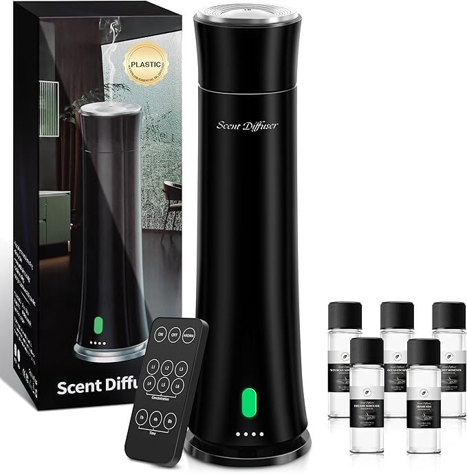 Hotel Scent Diffuser Starter Kit - 1500 Sq Ft Coverage, Premium Plastic Essential Oil Diffuser, Waterless Diffuser for Home, Hotel, Office, 5 Scent Essential Oils Included, Large Room, Black, 11In