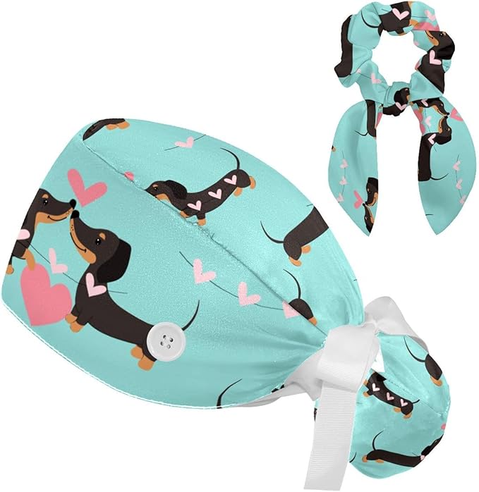 Ethnic Aztec Pattern Adjustable Scrub Cap Hat with Button, Working Hat Sweatband with Bow Hair Scrunchy for Woman
