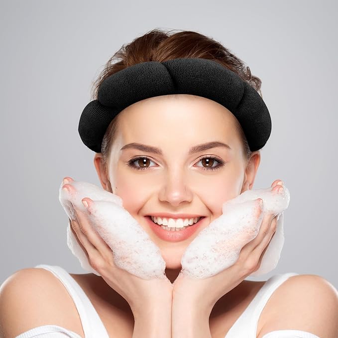 CAVETEE Spa Headband for Face Washing - Terry Cloth Puffy Makeup Headband Set of 2 (Beige & Black, one size)