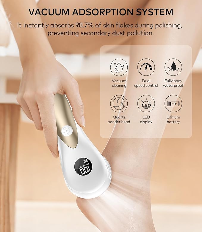 Rechargeable Electric Callus Remover for Feet with Vacuum, Pumice Stone Foot File for 100% Full Foot Care Coverage, 2-Speed & 3 Grinding Heads, Ideal Gift for Dead, Hard Cracked Dry Skin, White