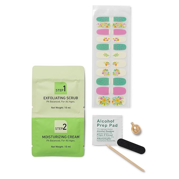 Studio Oh! Hand & Nail Spa Kit, Mini Nail Kit with 22 Nail Wraps, Exfoliating Scrub, Moisturizing Cream, Cuticle Oil & Tools, Girls Spa Kit, Travel Manicure Kit for Women & Girls (Floral Rush Design)