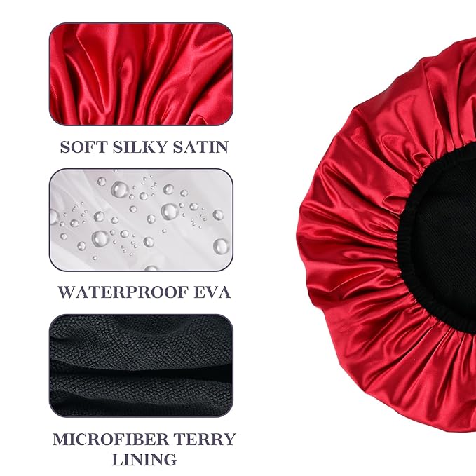 Three-Layer Terry Cloth Lined Satin Shower Cap, with Silk Hair Ties, Microfiber Waterproof Reusable Large Size Shower Cap for Women Long Thick Hair (Claret)