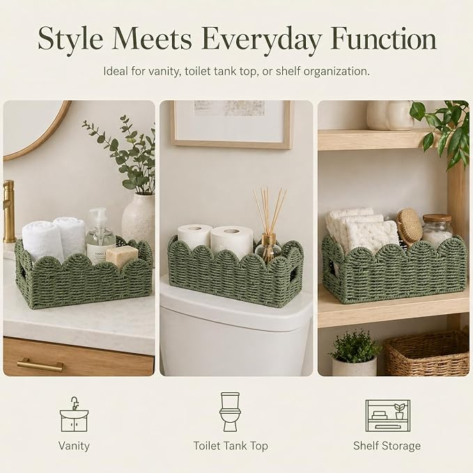 Scalloped Green Toilet Tank Basket for Back of Toilet, Wicker Bathroom Tray for Toilet Paper Storage, Bathroom Organizer for Tank Top, Countertop & Small Spaces