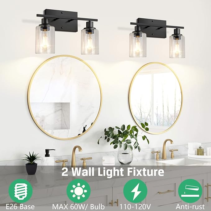 ShineTech 2-Light Bathroom Vanity Light Fixtures, Modern Wall Lighting with Clear Glass Shade, Matte Black Finished Wall Sconce Lighting for Mirror