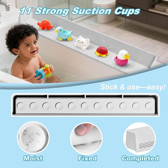 Bathtub Splash Guard for Kids,2.6 FT Silicone Bathtub Play Shelf with 11 Suction Cups, Bath Tub Ledge Shelf for Kids, Prevents Water Spills in Bathroom (Grey)