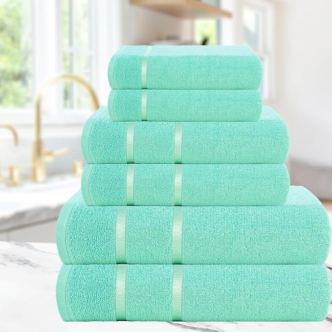 CASA COPENHAGEN Eternal 6Pcs 100% Egyptian Cotton Large Designer Towels Gift Set- Aqua Blue, 500 GSM, 2Bath 2Hand 2Washcloths, Bath Towels for Bathroom Set for Women & Men