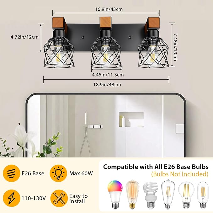 3-Light Farmhouse Vanity Lights for Bathroom, Rustic Wood Bathroom Vanity Lighting Fixtures Over Mirror, Vintage Black Wall Mounted Lamps with Metal Cage for Living Room, Bedroom, Hallway