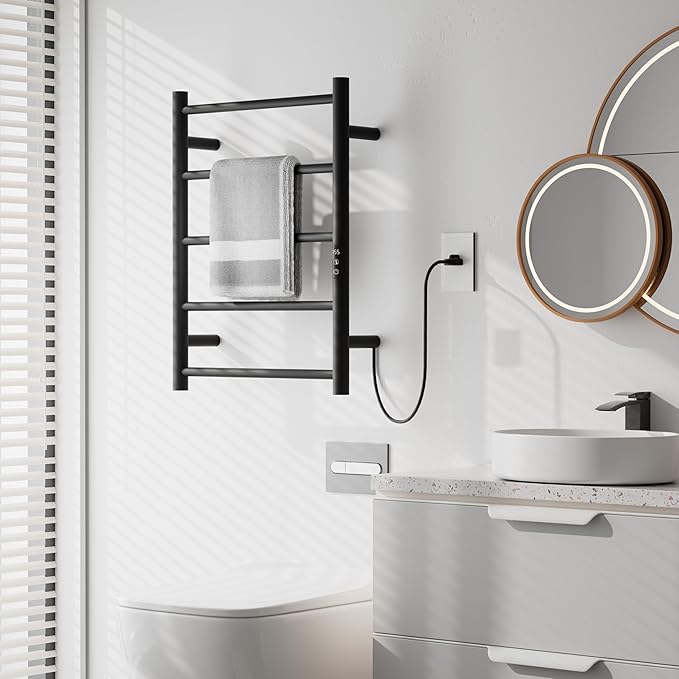 Heated Towel Racks, Towel Warmer Rack for Bathroom, Wall Mounted Electric Towel with Built-in 24hr Timer, Towel Rack Plug-in/Hardwired, Matte Black