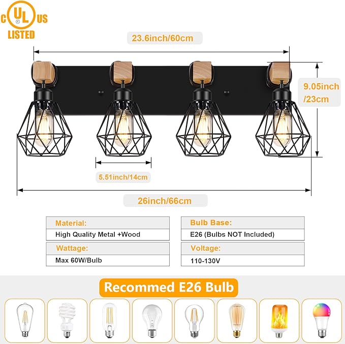 FadimiKoo 4-Light Farmhouse Bathroom Light Fixtures Over Mirror, Rustic Wood Vanity Light with Black Metal Cage Lampshade, Rustic Sconces Wall Lighting for Living Room, Bedroom, Hallway
