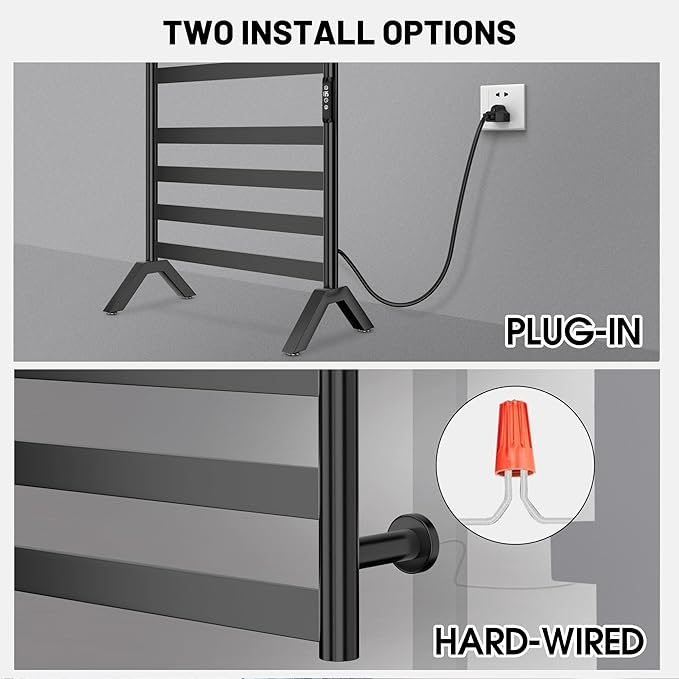Paraheeter Wall Mounted & Freestanding Heated Towel Rack for Bathrooms. Electric Towel Warmer Rack Heater, Stainless Steel Black.